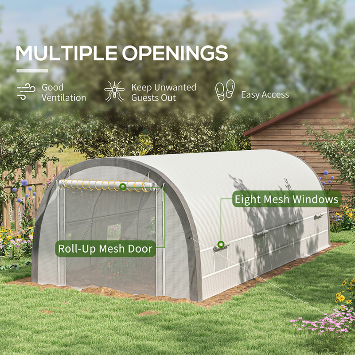 Outsunny 6 x 3m Polytunnel Greenhouse, White/Grey, Mesh Door, Windows, 15 Plant Labels
