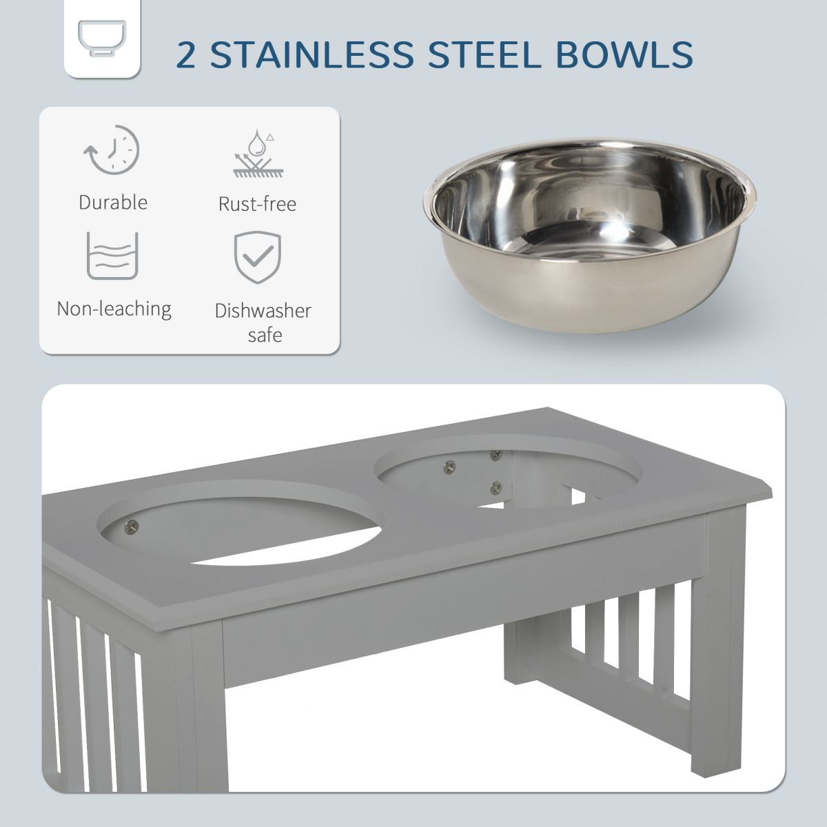 PawHut Elevated Dog Bowl Feeder, Stainless Steel Double Bowl, Grey