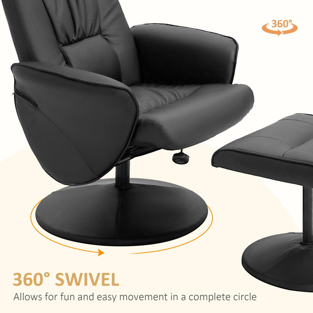 Reclining Armchair and Ottoman Set, 360 Swivel, Faux Leather, Black