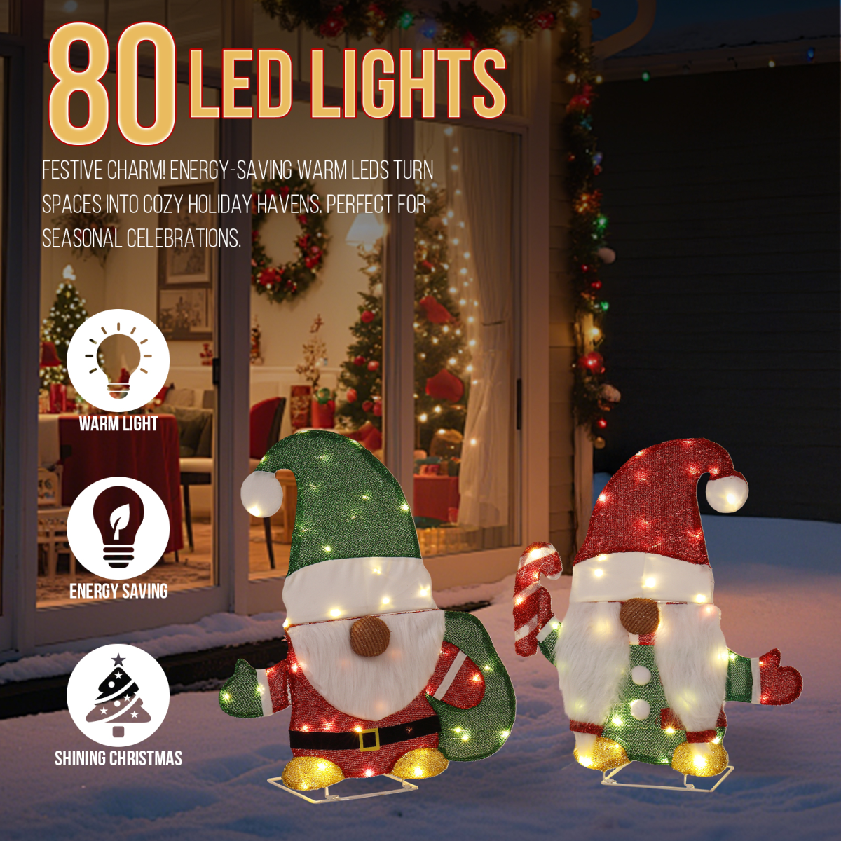 Set of 2 Lighted Gnome and Candy Cane Christmas Decorations, Pre-lit 2D Holiday Decor with 80 Warm White LED Lights for Xmas Outdoor Indoor Decor Lighted Holiday Displays