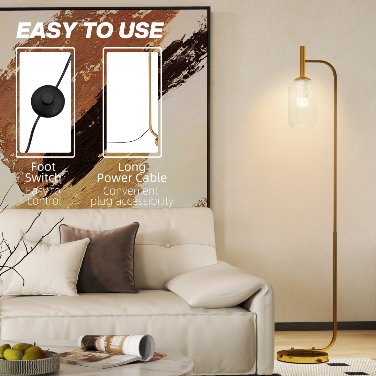 HOMCOM Modern Floor Lamp with Glass Shade and Foot Switch