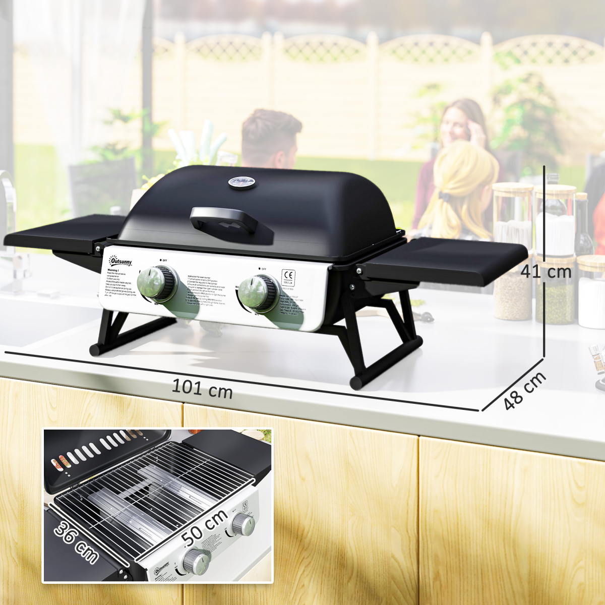 Outsunny Portable Tabletop Gas BBQ Grill with Thermometer, 2 Burners, Black