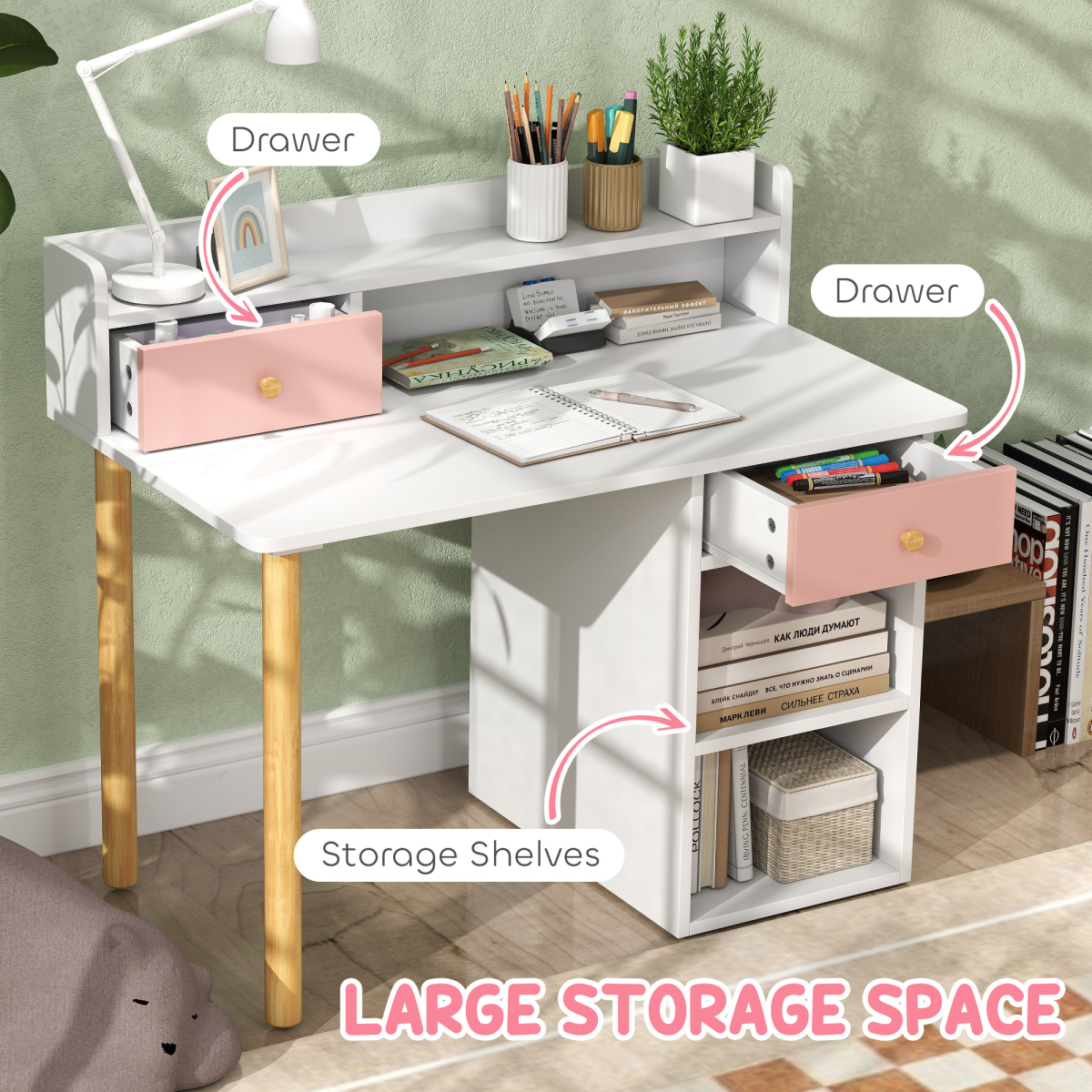 AIYAPLAY Kids Desk and Chair Set with Storage for Ages 3-8, Pink