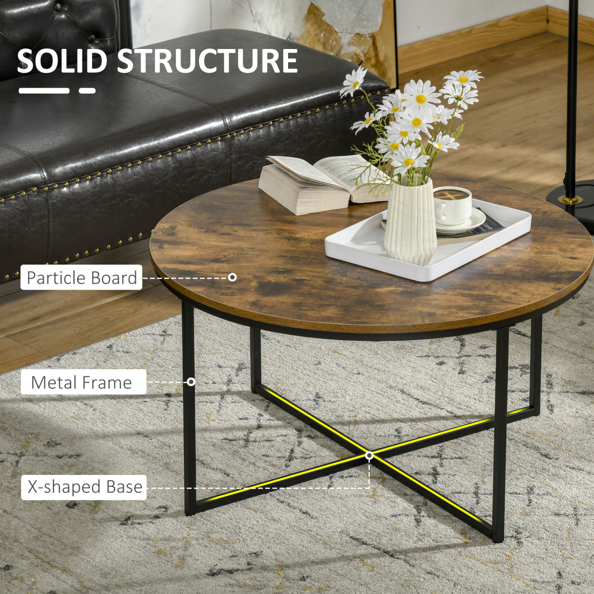 HOMCOM Industrial Round Side Table with Large Tabletop, Metal Frame and X-Shaped Base, Rustic Brown