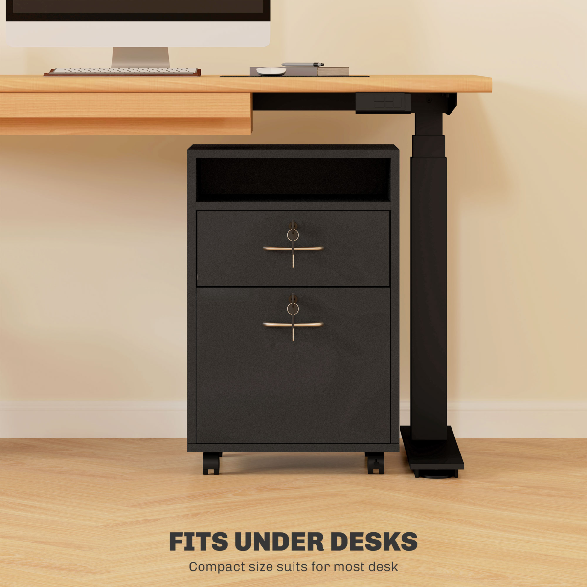 HOMCOM 60cm Black Storage Cabinet with Drawers, Open Shelf and Wheels