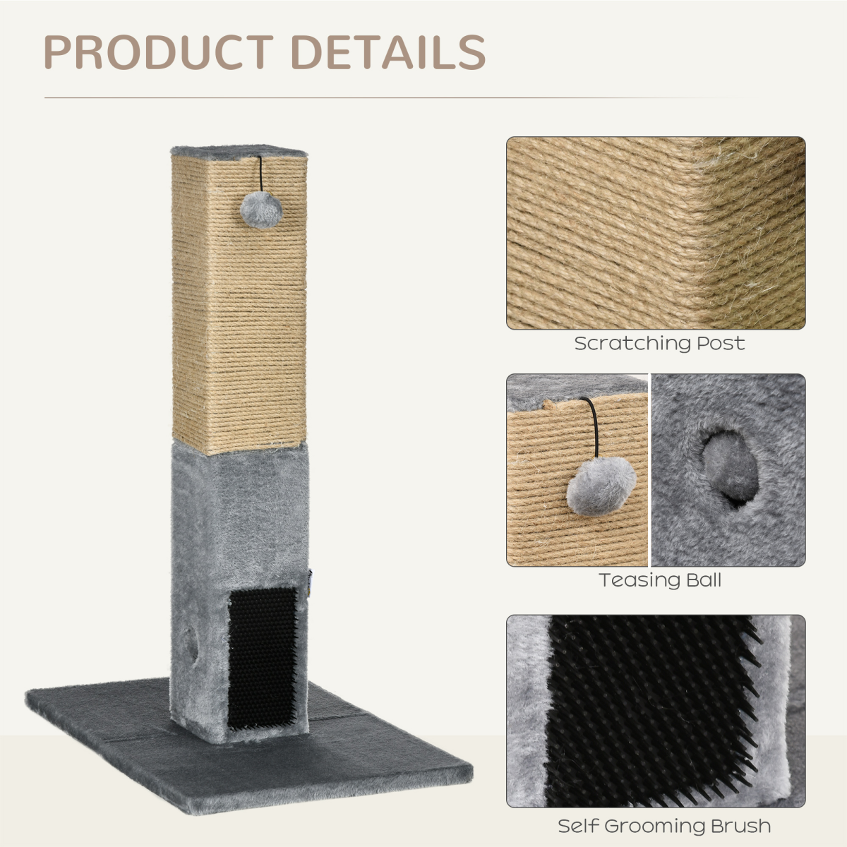 PawHut 79cm Cat Scratching Post and Climber Activity Centre with Jute Scratching Post, Dangling Toy and Hidden Bell Toy, Grey