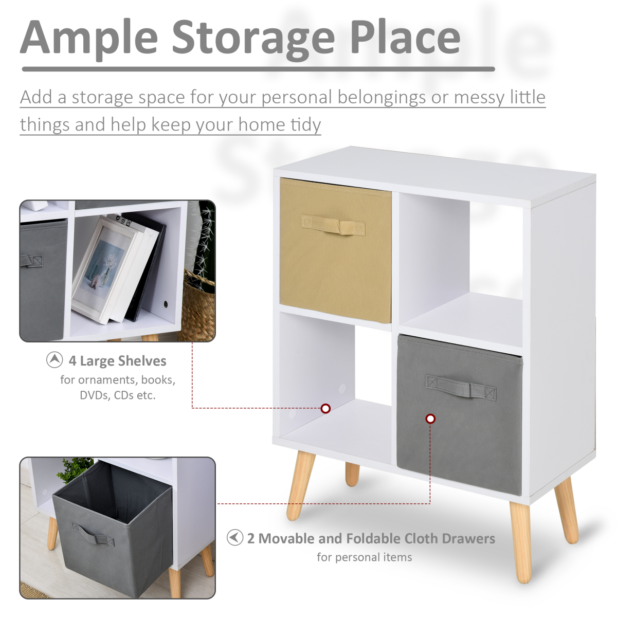 Freestanding 4-Cube Storage Cabinet Bookcase with 2 Fabric Drawers