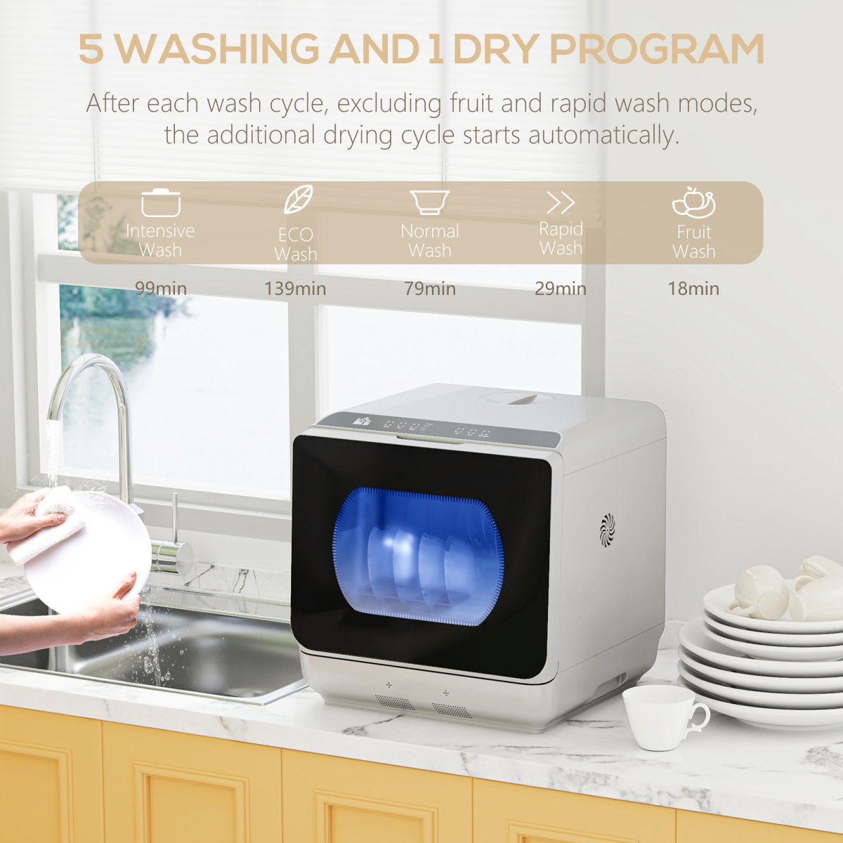 HOMCOM Countertop Dishwasher, 4 Place Settings, 6 Programs, Silver Tone