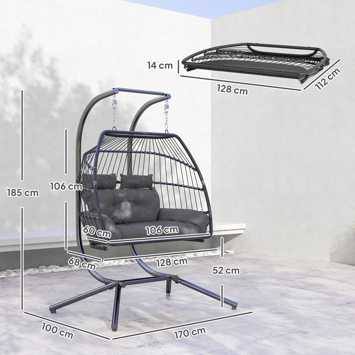 Outsunny Double Rattan Hanging Egg Chair with Stand, Cushion, Dark Grey