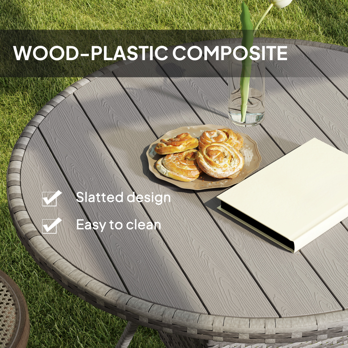 Outsunny Grey PE Rattan Outdoor Dining Table with Wood-Plastic Top