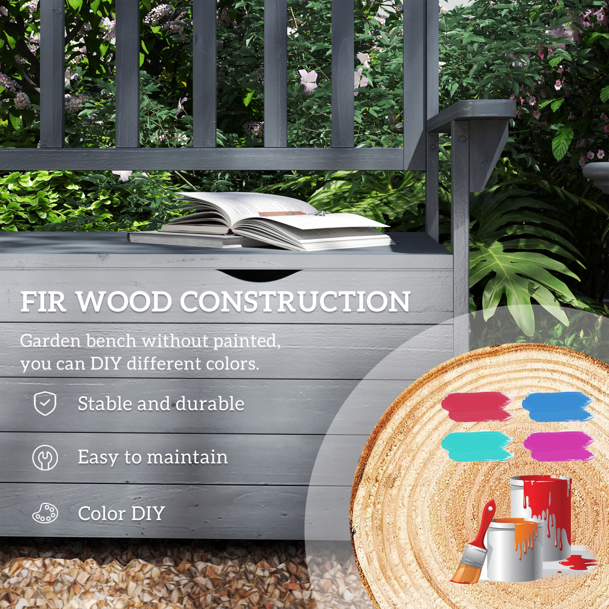 Outsunny 2-Seater Fir Wood Garden Storage Bench, Dark Grey