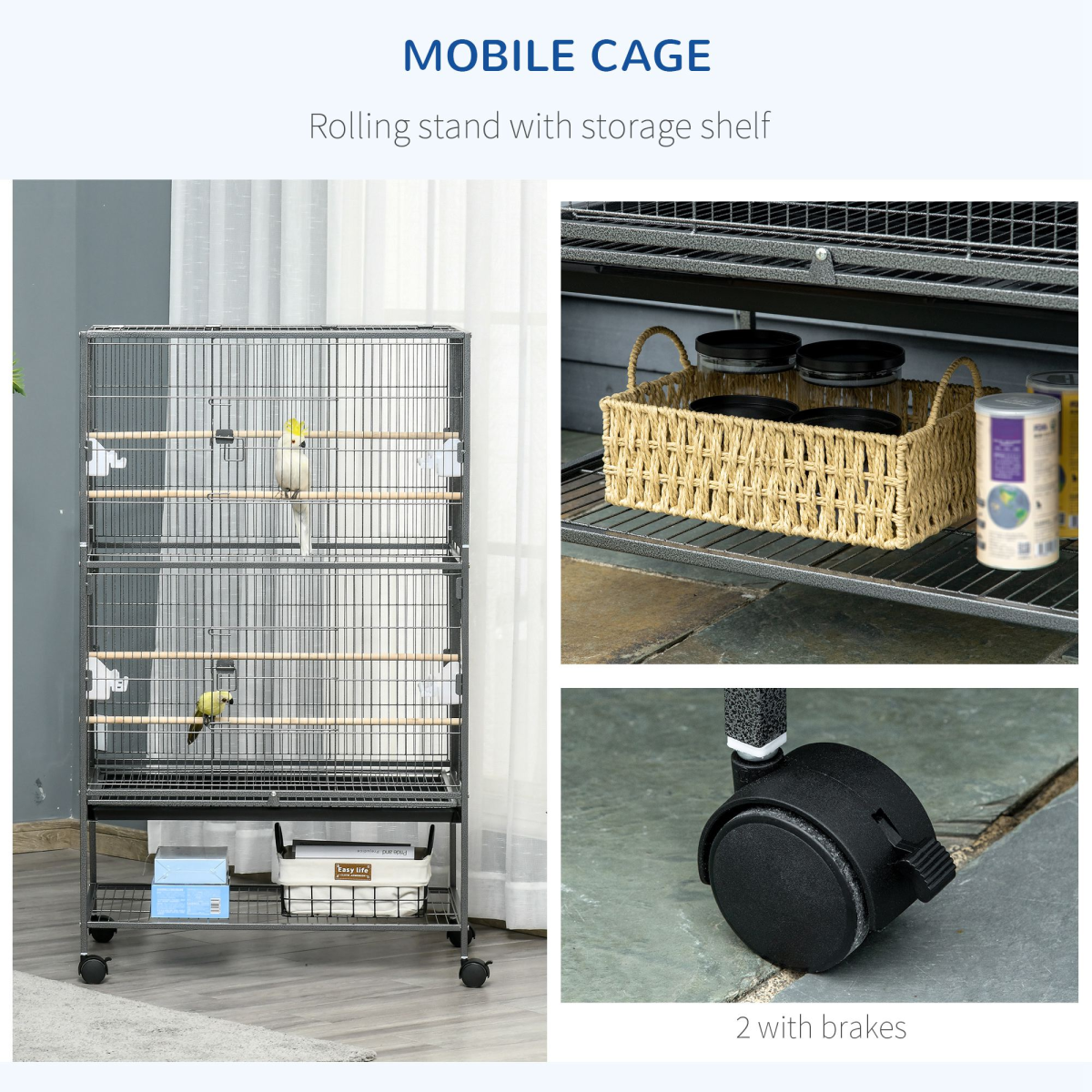Bird Cage Aviary for Budgies & Canaries, Rolling Stand, Slide-Out Tray, Grey
