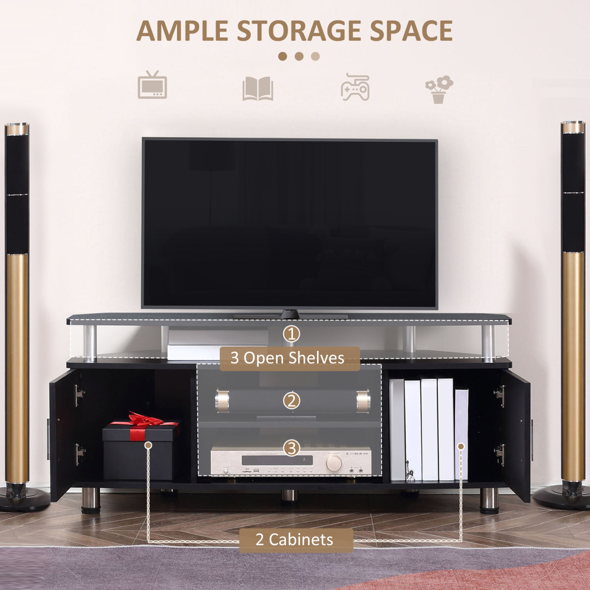 HOMCOM TV Unit Cabinet with Storage Shelves and Cupboards, 120cm TV Stand for Up to 55 Inch TVs, Black