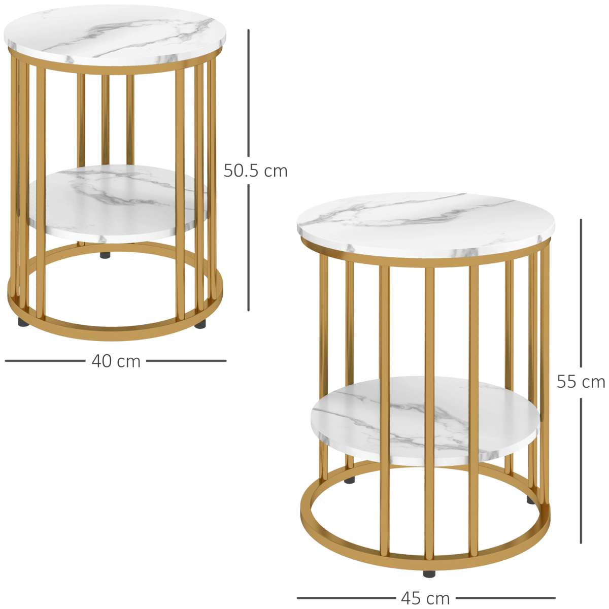 Set of 2 Marble-Effect Tables with Gold Tone Legs for Home & Office