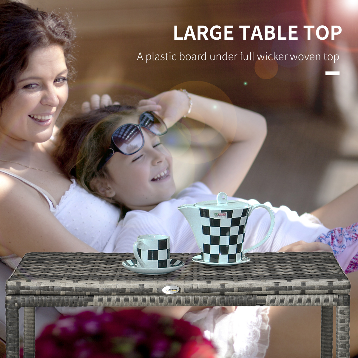Outsunny Grey Outdoor Rattan Side Table with Steel Frame