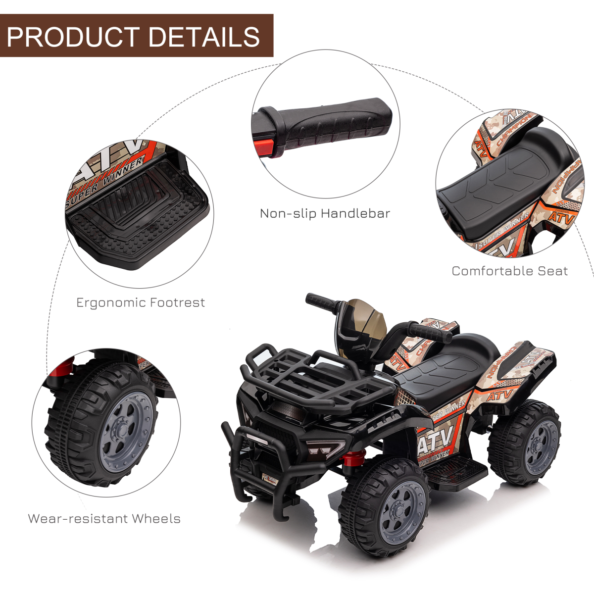 Kids Electric Ride-On ATV with Music, Black, 18-36 Months