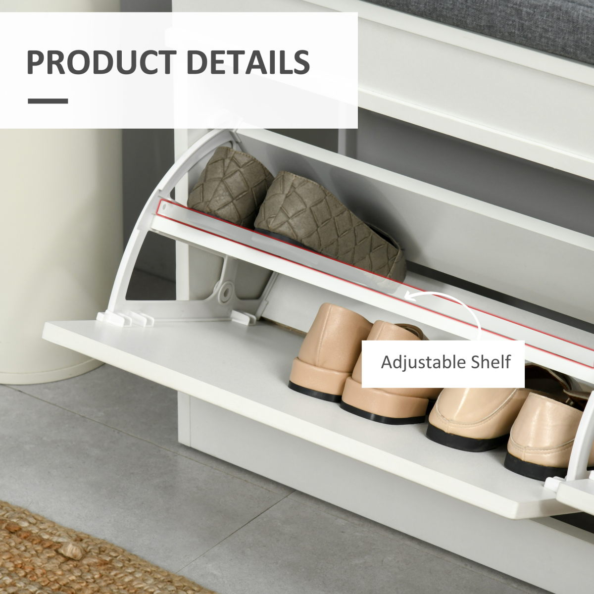 Shoe Storage Bench with Padded Seat Cushion and 2-Drawer Cabinet Organizer