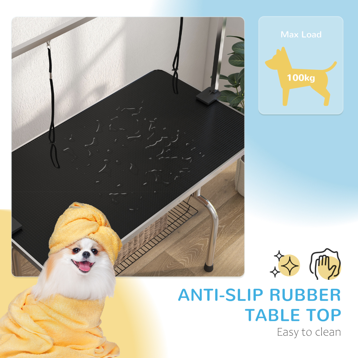 PawHut Adjustable Metal Dog Grooming Table with Non-Slip Rubber Top, 2 Safety Slings, Mesh Storage Basket, Black