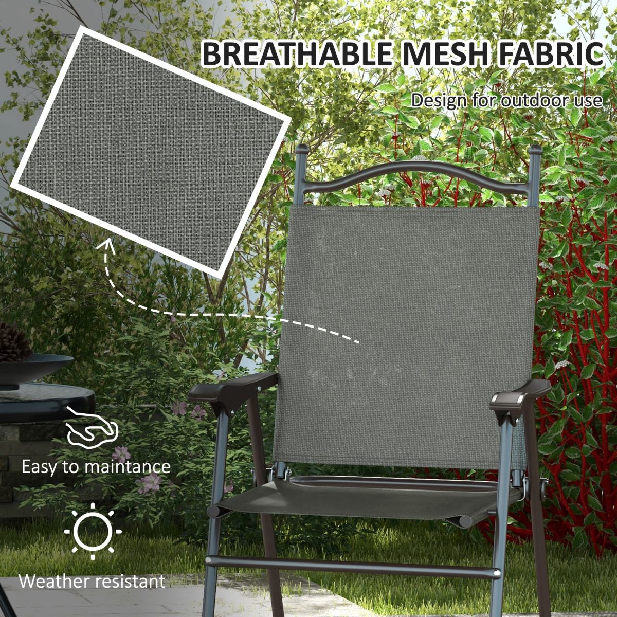 Outsunny Set of 2 Folding Chairs with Armrests, Breathable Mesh Seats, Dark Grey