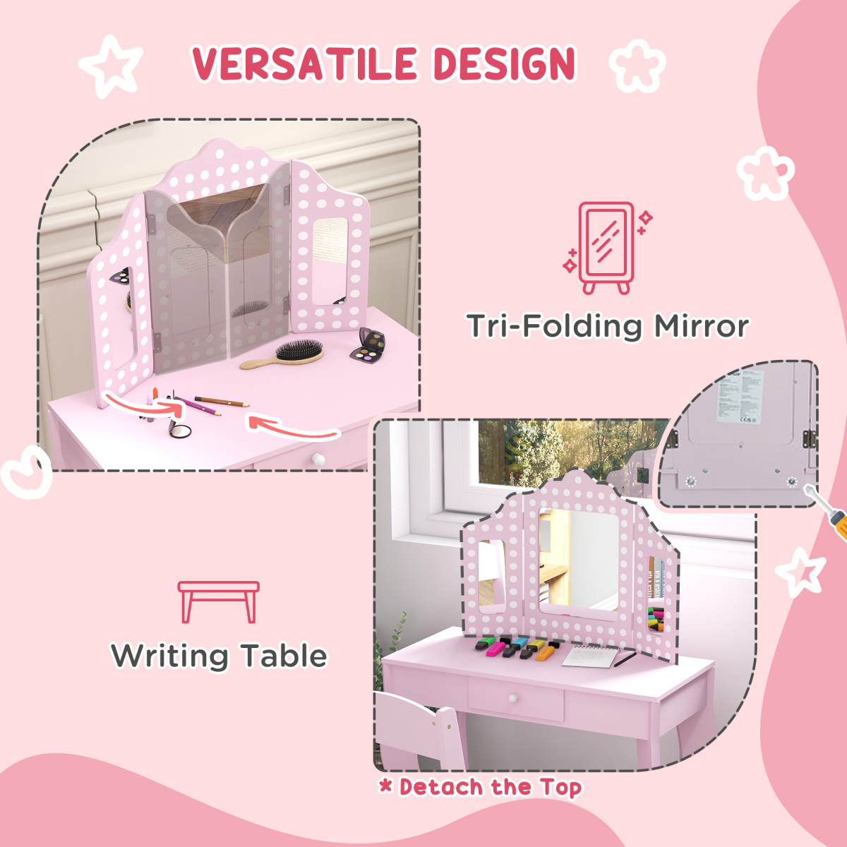 AIYAPLAY Kids Dressing Table Set, Pink, with Stool, Mirror & Drawer