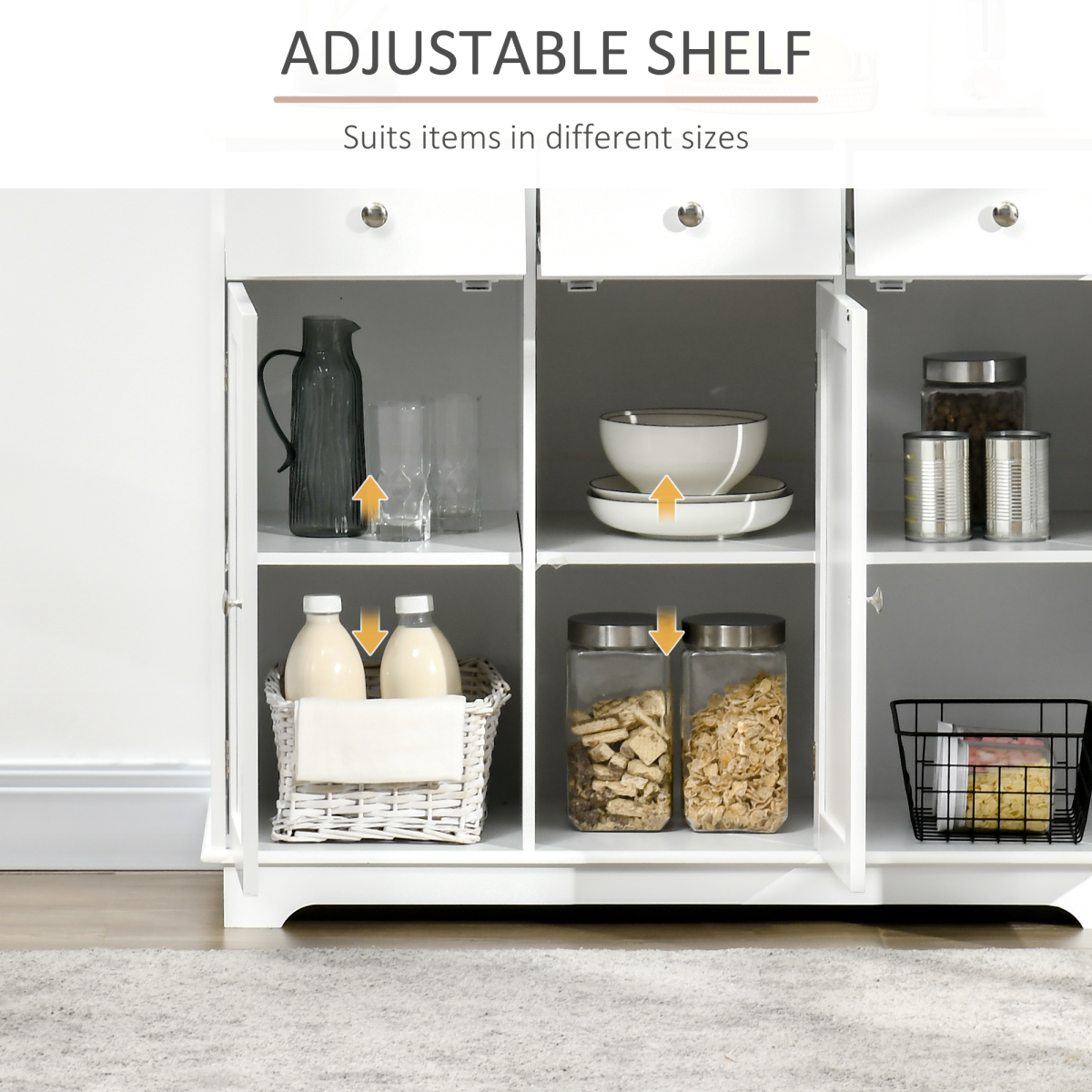HOMCOM White Sideboard with Rubberwood Top, 3 Storage Cabinets, 3 Drawers, Adjustable Shelves