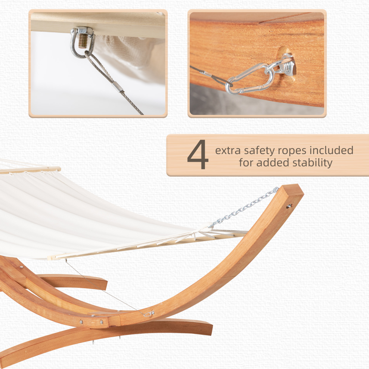 Outsunny Outdoor Garden Hammock with Wooden Stand, Curved Wooden Frame, Wide Cotton Hanging Bed, White