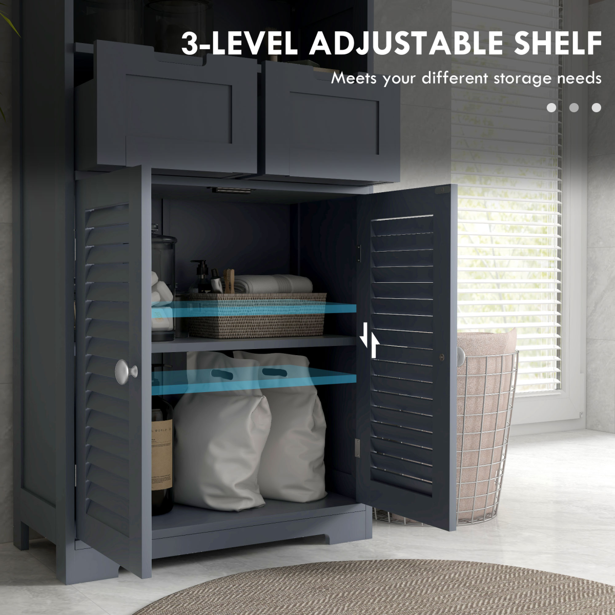 kleankin Grey Bathroom Storage Cabinet with Louvred Doors and Drawers