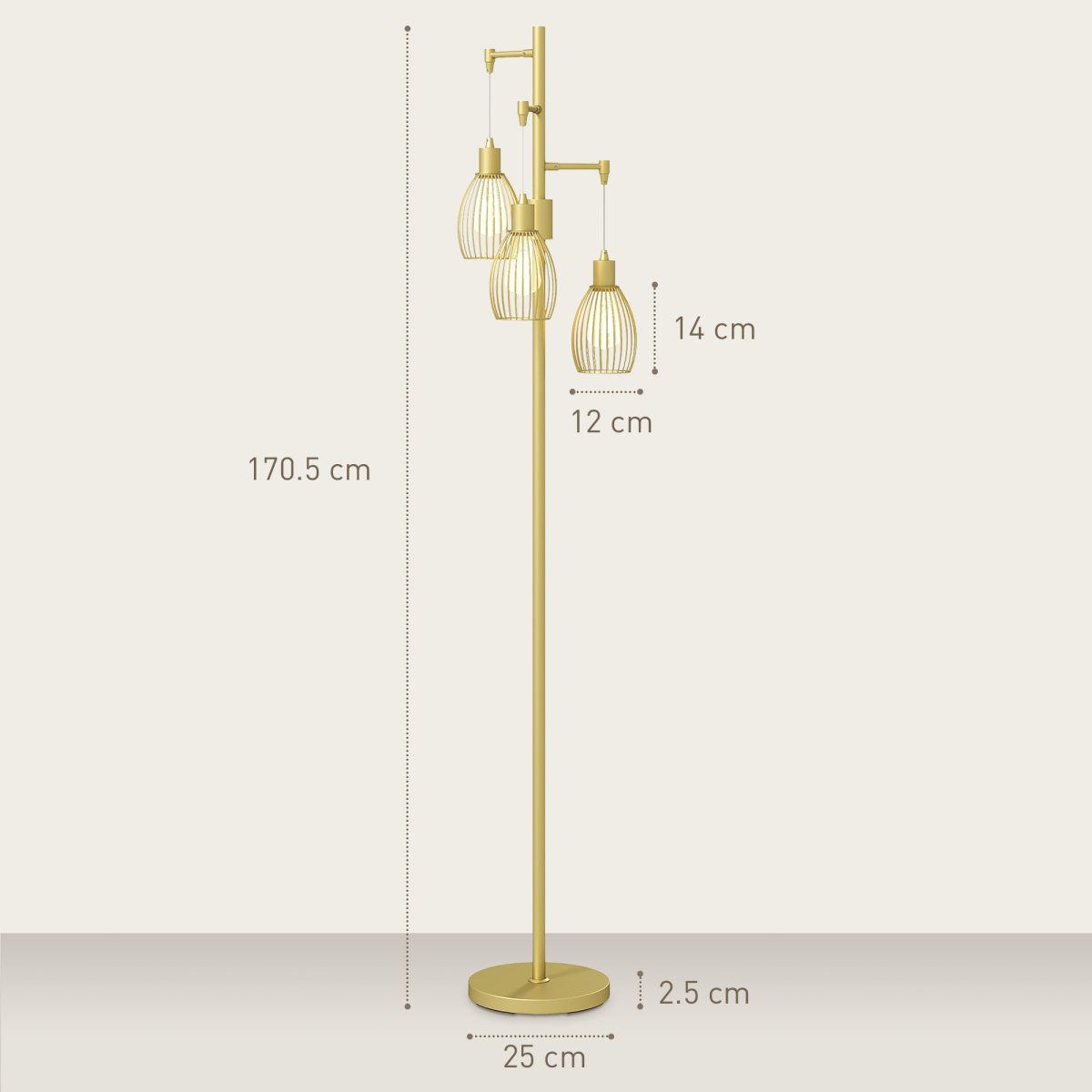 HOMCOM Industrial 3-Light Dimmable Floor Lamp, Gold