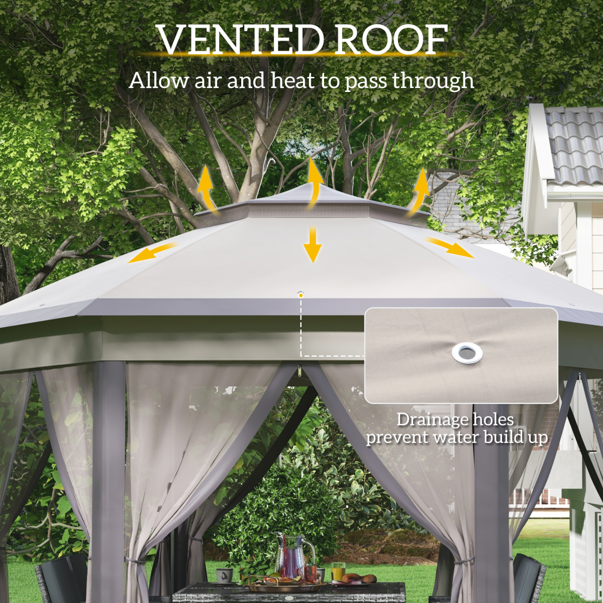 Outsunny 4.05m Metal Frame Mesh Curtain Gazebo with 2-Tier Roof Brown