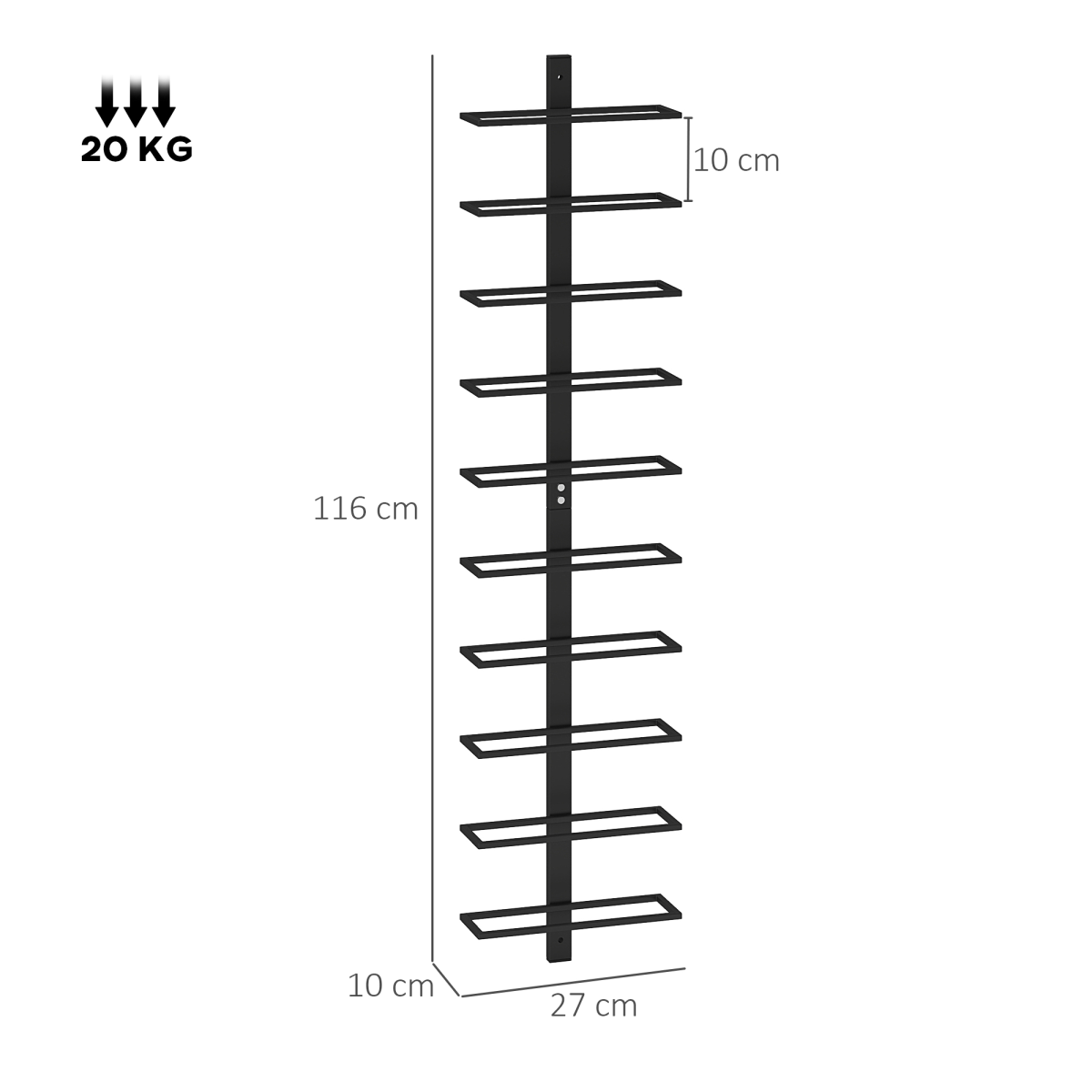 HOMCOM Wall-Mounted 10-Bottle Wine Rack, Black Steel
