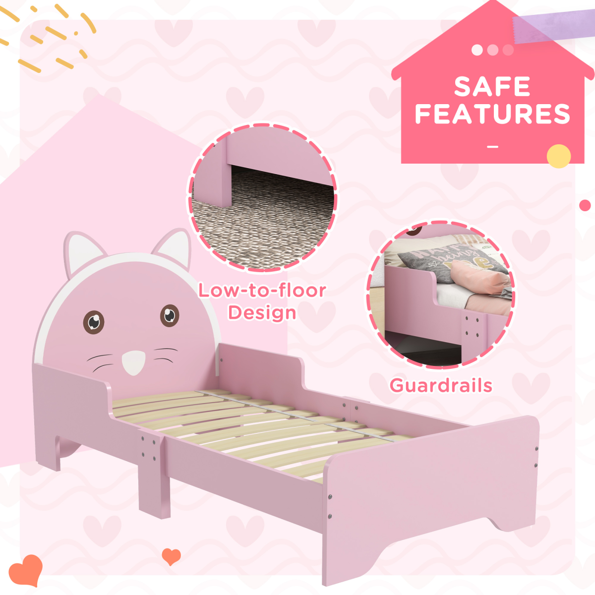 ZONEKIZ Toddler Bed Frame, Cat Design Kids Bed with Guardrails, Pink