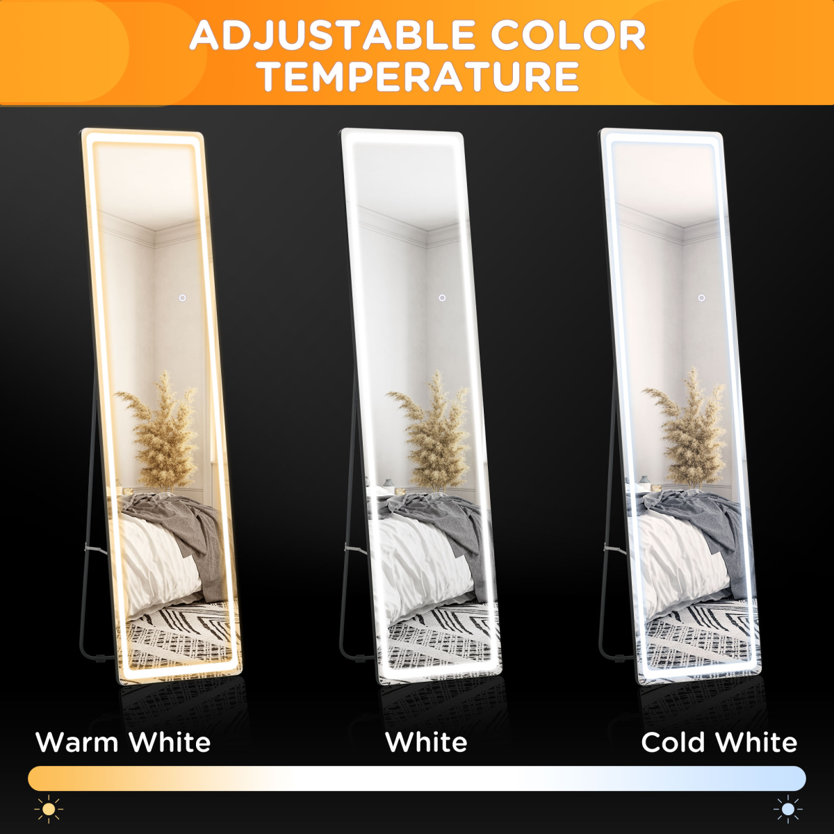 Dimmable LED Full Length Mirror, Freestanding or Wall-Mounted