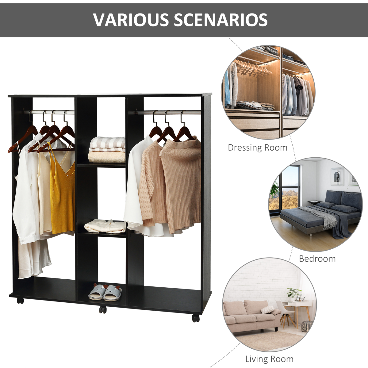Unbranded 3-Tier Storage Rack with 2 Hanging Rails, 6 Wheels, 120 x 40 x 128 cm