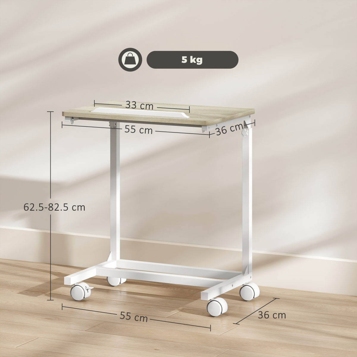 HOMCOM Height Adjustable C-Shaped Side Table with Casters, Oak
