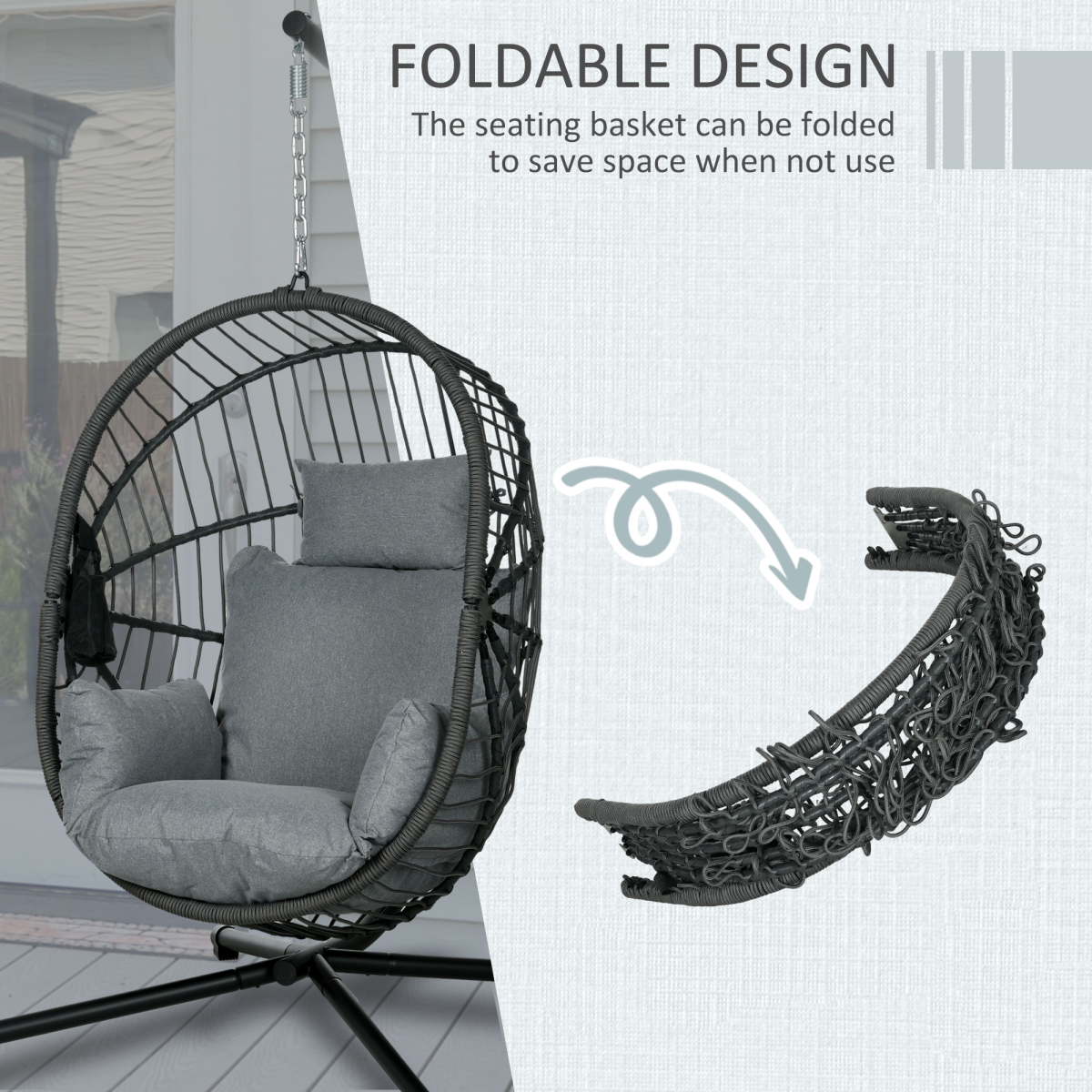Outsunny Grey Hanging Swing Chair with Thick Cushion, Foldable Patio Hanging Chair
