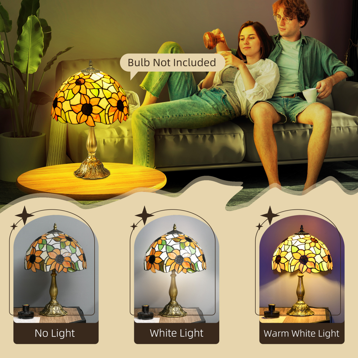 AIYAPLAY Stained Glass Sunflower Table Lamp, E27, Bulb Not Included