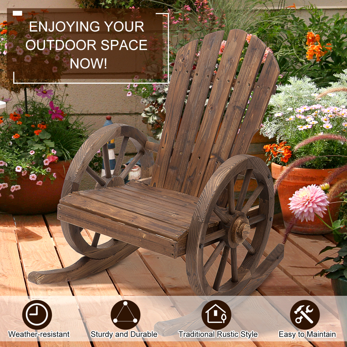 Adirondack Outdoor Rocking Chair, Fir Wood with Slatted Design, Brown, Porch Poolside Garden Lounger