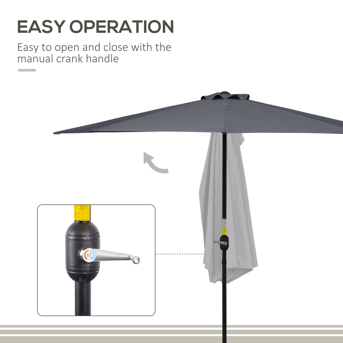 3m Half Round Wall Parasol, Grey Polyester and Aluminum Frame