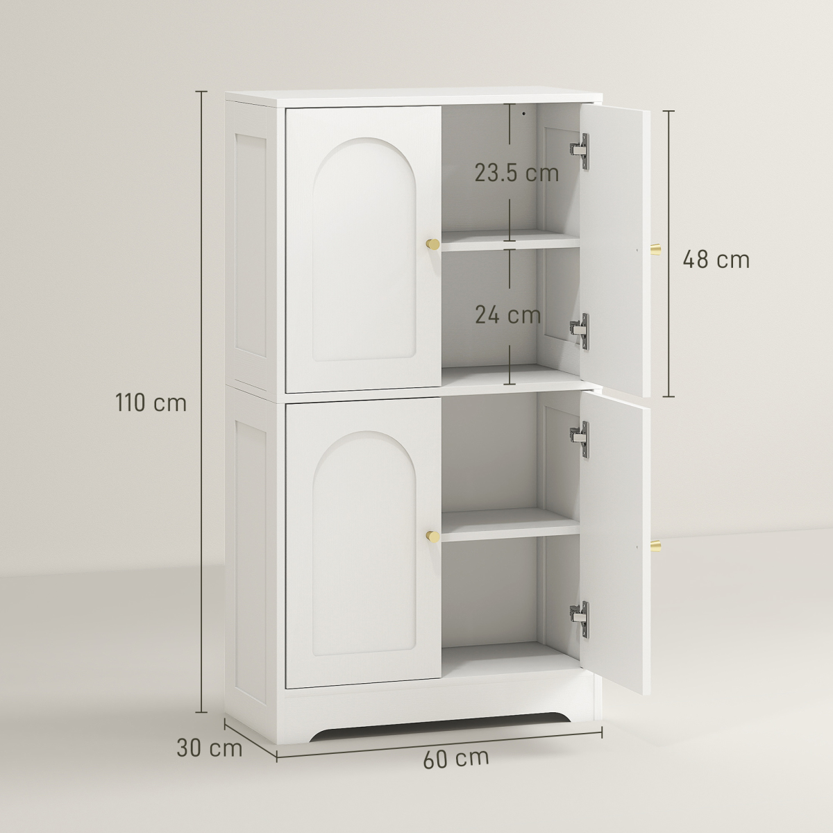 HOMCOM 110cm White Kitchen Cupboard with 4 Arched Doors and Adjustable Shelves