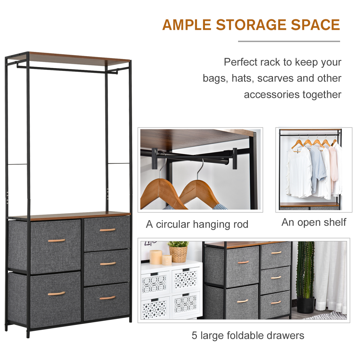HOMCOM Freestanding Clothes Hanger Storage Unit, Steel Frame, Black Brown, 175 x 83 cm, with Top Rail, Shelf and Drawers
