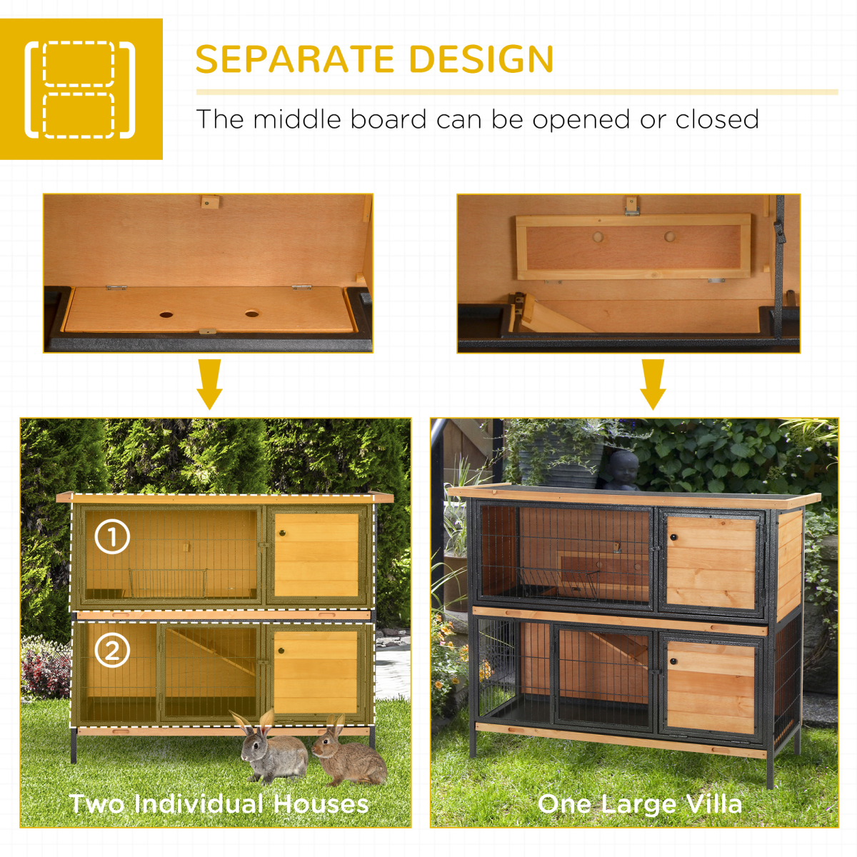 PawHut Wooden and Metal Rabbit Hutch with Slide-Out Tray, Outdoor Bunny Pet House, Light Yellow