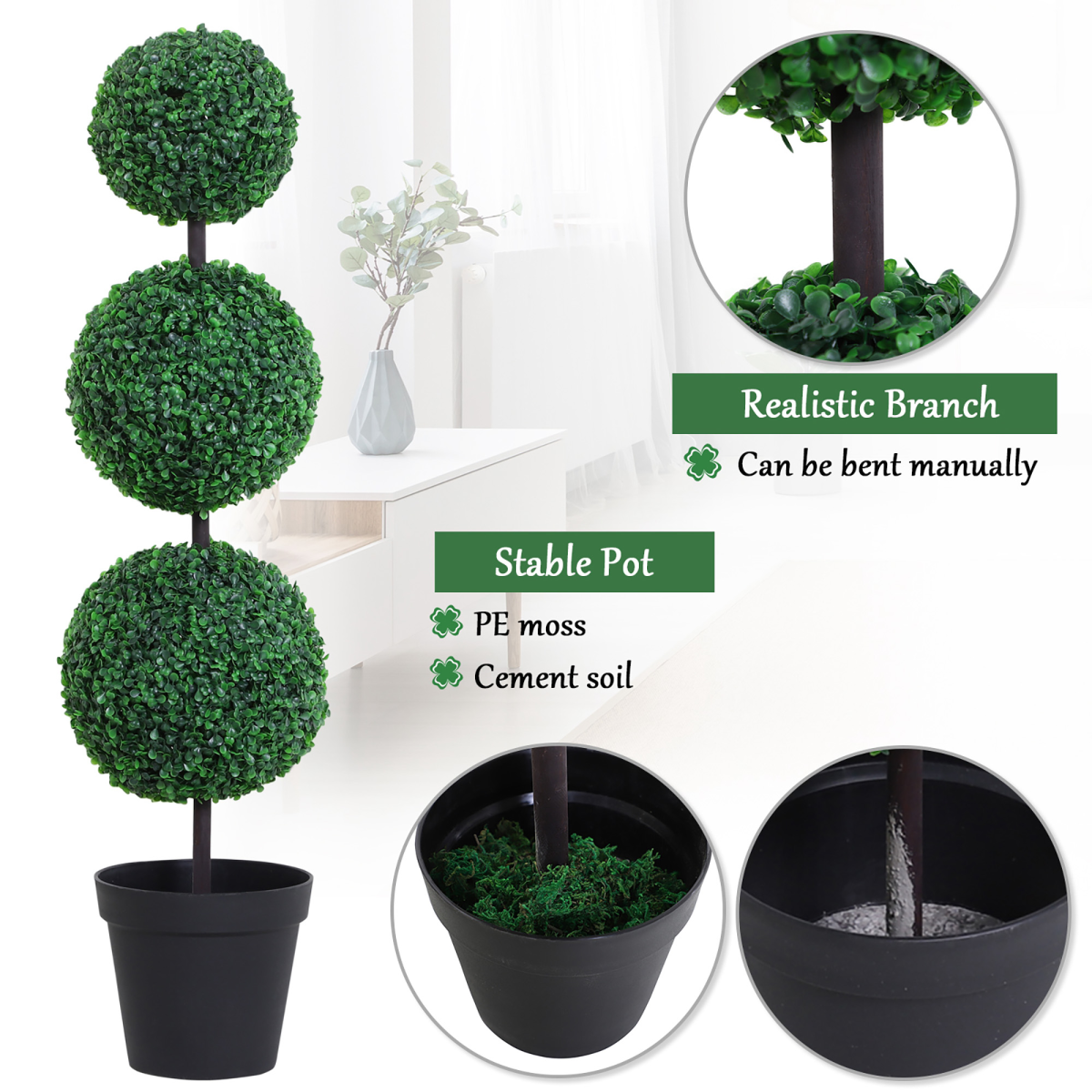 Outsunny Set of 2 Artificial Boxwood Topiary Trees with 3 Balls, Green PE Plants