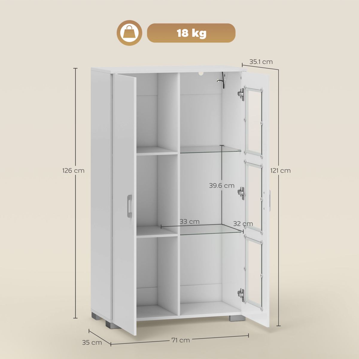 HOMCOM White Display Cabinet with Glass Shelves & LED Lights