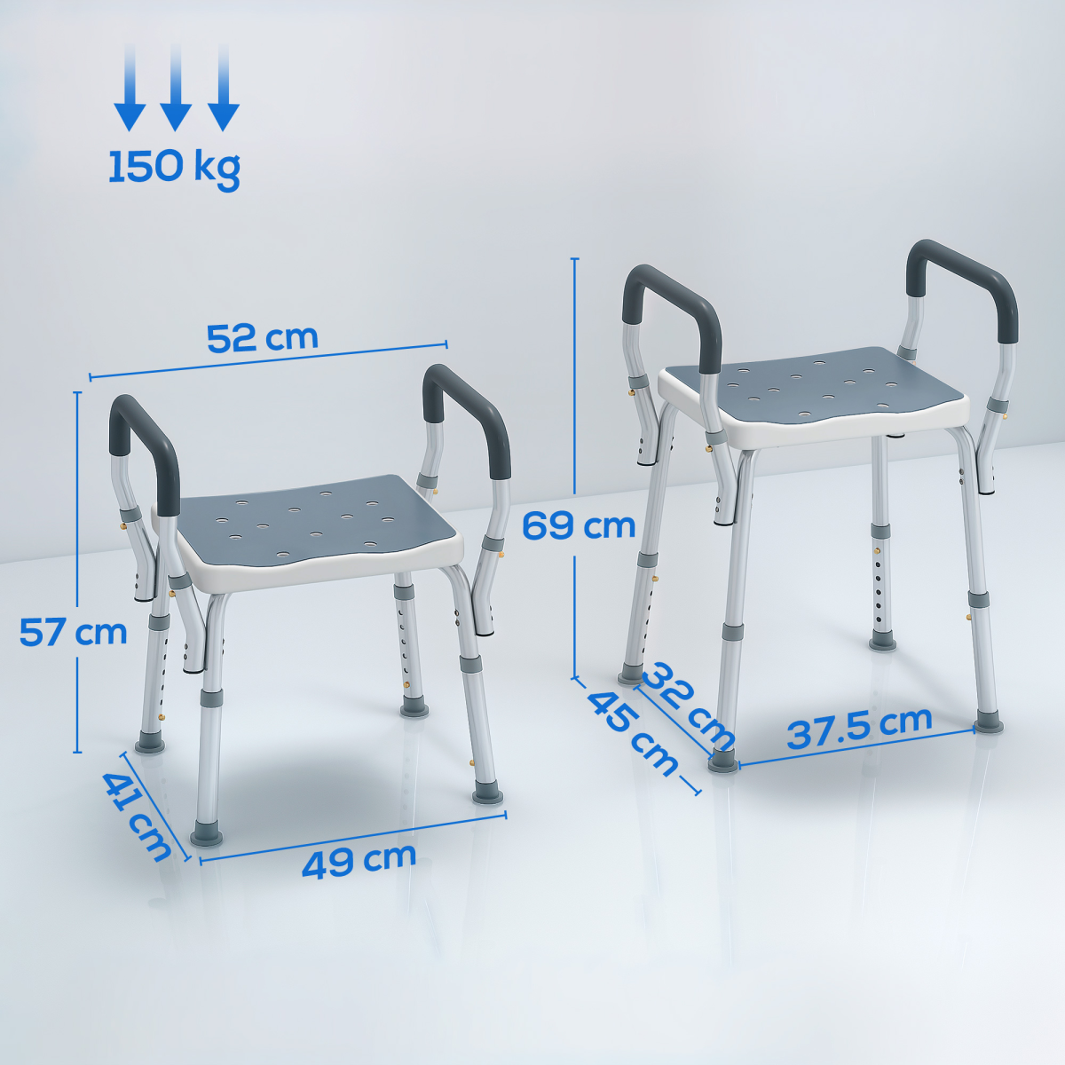HOMCOM Adjustable Height Rust-Resistant Aluminium Bath Chair, Light Blue