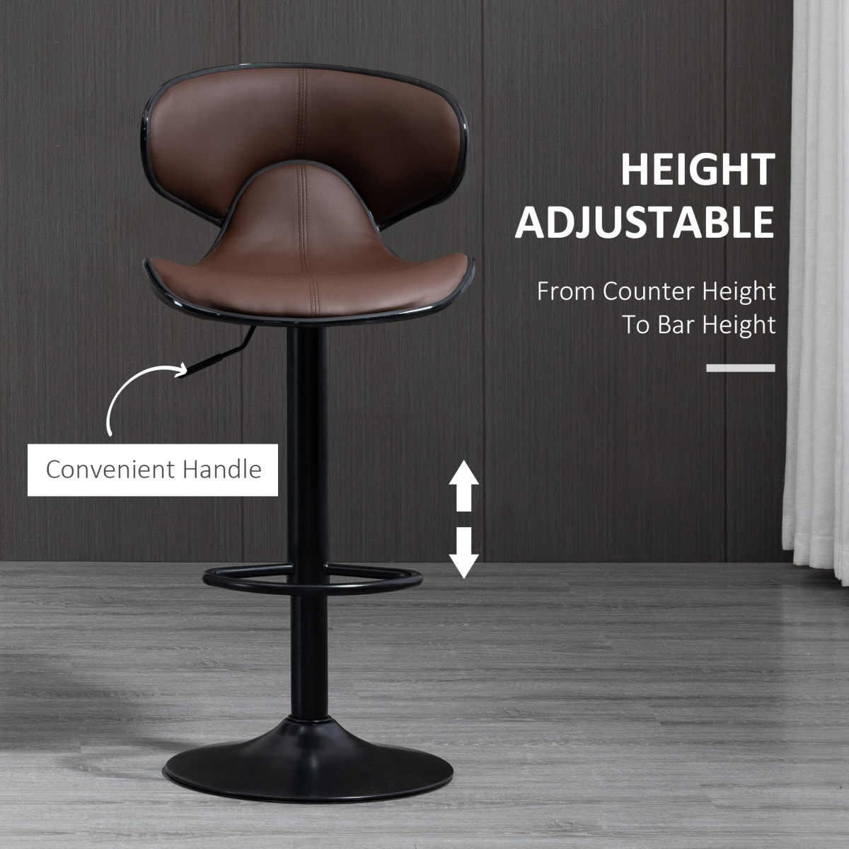 HOMCOM Set of 2 Adjustable Swivel Bar Stools with Backrest, Footrest and Steel Frame, Faux Leather Upholstery