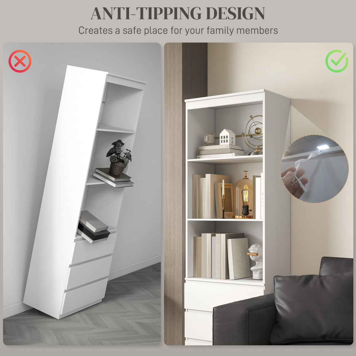 HOMCOM 180cm White Freestanding Bookshelf with 3 Shelves and 3 Drawers