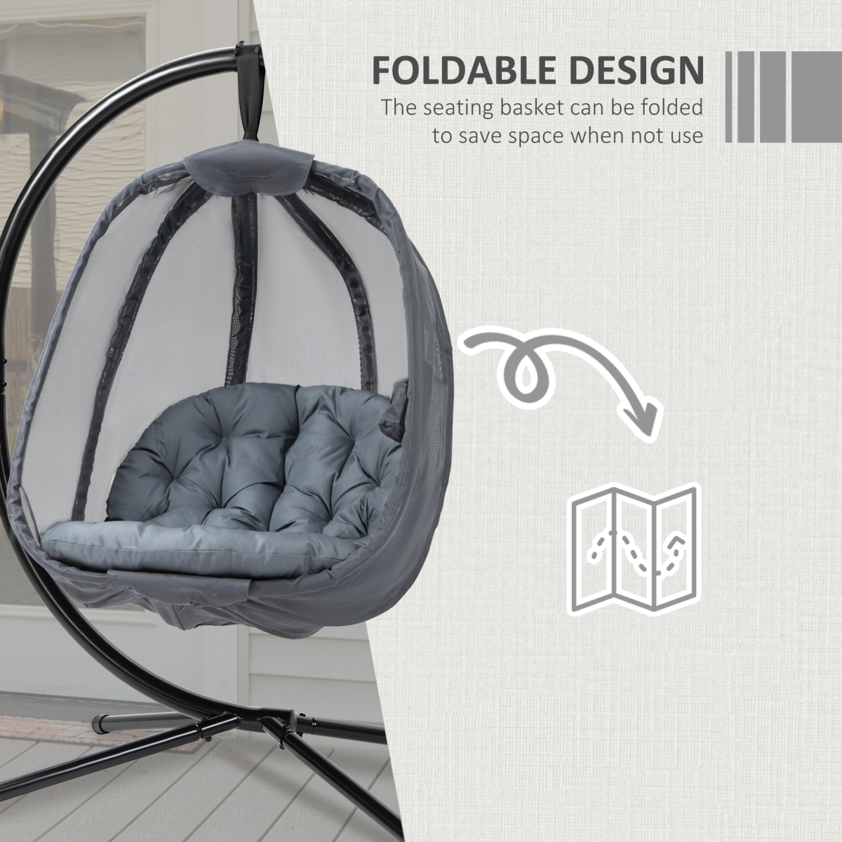 Outsunny Folding Hanging Egg Chair with Cushion & Stand, Grey