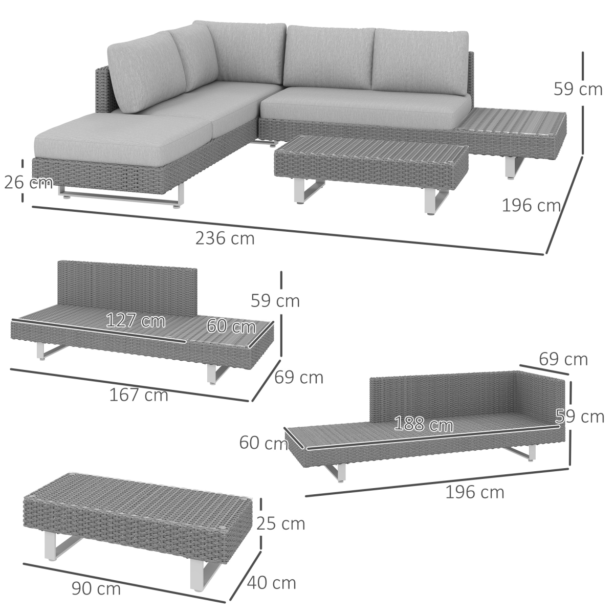 Outsunny 3 Piece Outdoor PE Rattan Wicker Sofa Set with Tea Table and Cushions, Light Grey