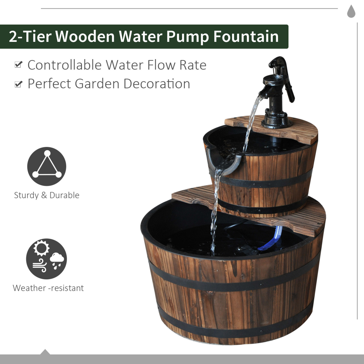 Outsunny 2-Tier Wooden Water Pump Fountain, Fir Wood & Steel