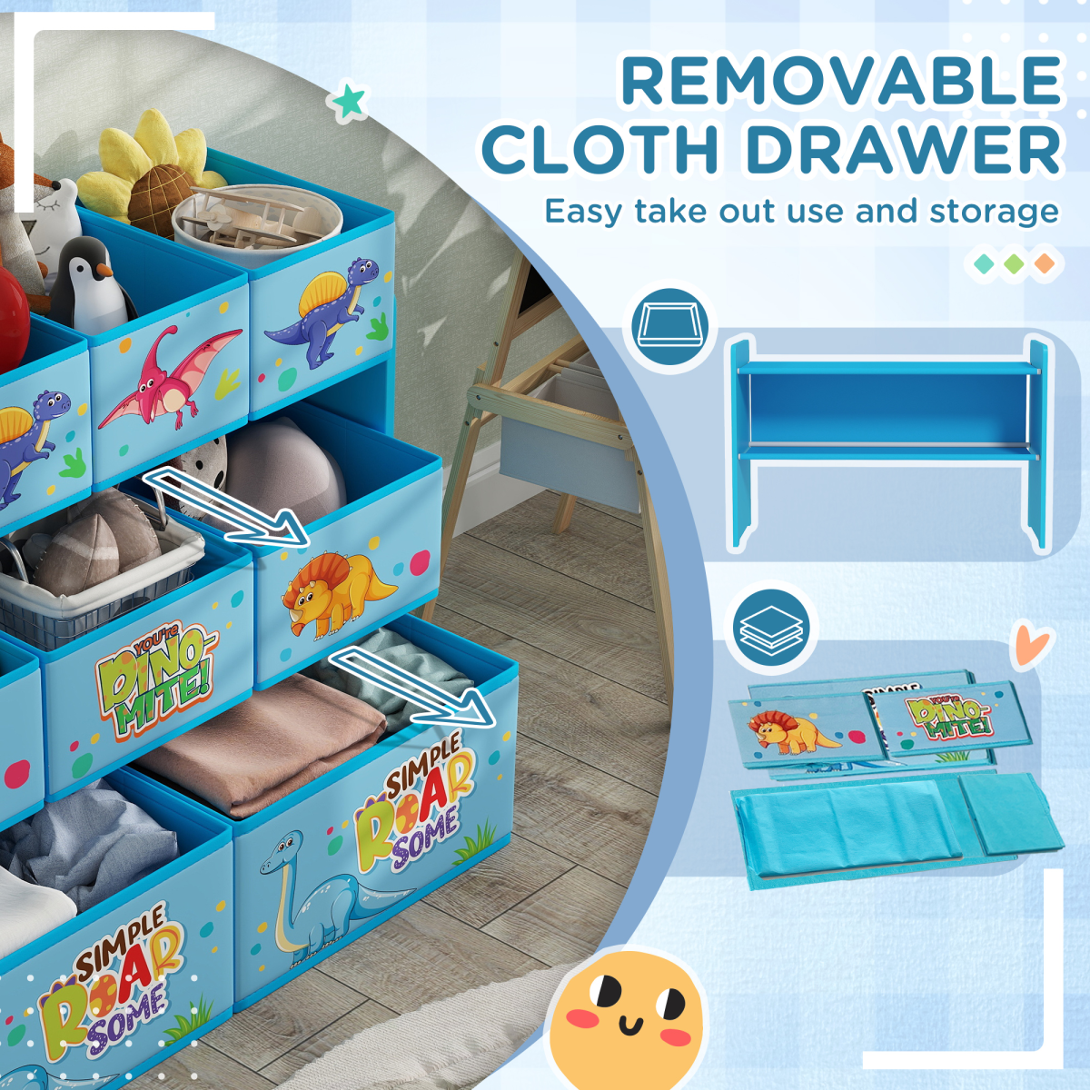 AIYAPLAY 3-Tier Dinosaur Toy Organiser Shelf with 9 Storage Boxes, Blue